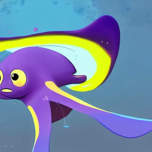 Image similar to a manta ray character who sells paints for splatoon by nintendo, in the calarts style, designed by nintendo, designed by pixar, cgi, professional, gaming