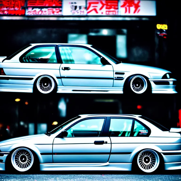 Image similar to close-up-photo BMW E36 turbo illegal night meet, work-wheels, Shibuya shibuya shibuya, roadside, cinematic color, photorealistic, deep dish wheels, highly detailed, custom headlights