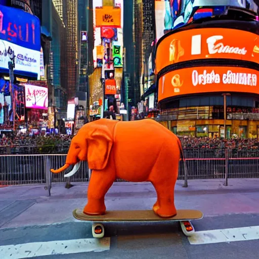 Image similar to an orange elephant on a skateboard in times square at night