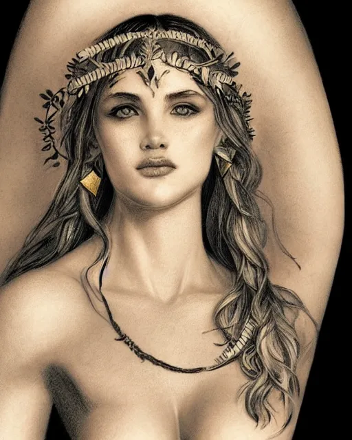 Image similar to front view of beautiful aphrodite greek goddess wearing a gold laurel wreath and triangle earrings, realism tattoo sketch, beautiful piercing eyes with sharp pupils, beautiful blonde hair, in the style of greg rutkowski, fantasy, amazing detail, epic, elegant, smooth, sharp focus