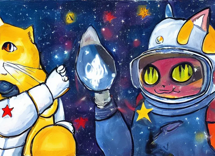 Image similar to painting of a cat dressed as an astronaut, cute, calico, stars, galaxies, planets, moons, stuido ghibli, gurren lagann