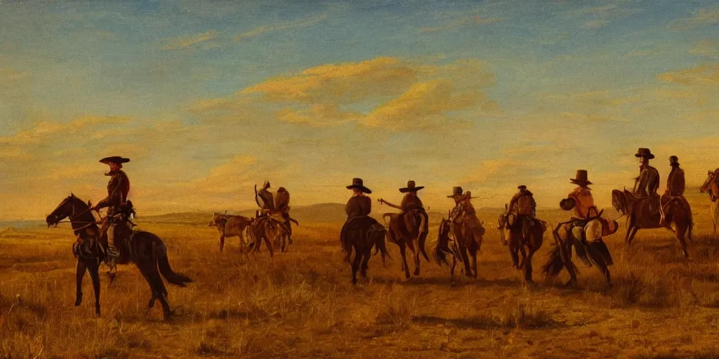 Image similar to a band of outlaws walking in the wild west at sunset, as a XIXth century painting