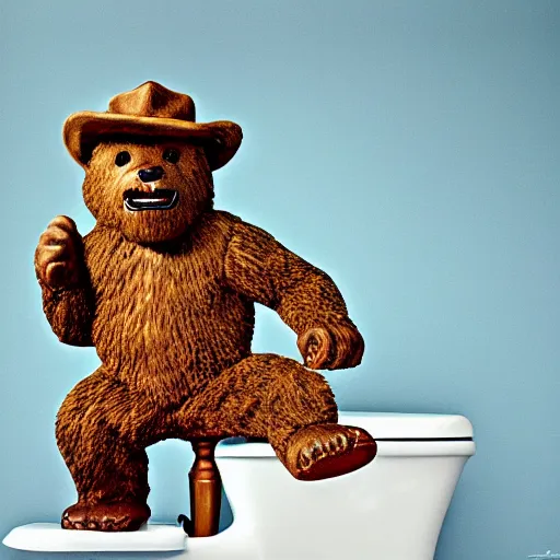 Image similar to UHD candid photo of Smokey The Bear in the loo sitting on the porcelain throne, by Annie leibowitz, photorealisitc, extremely detailed