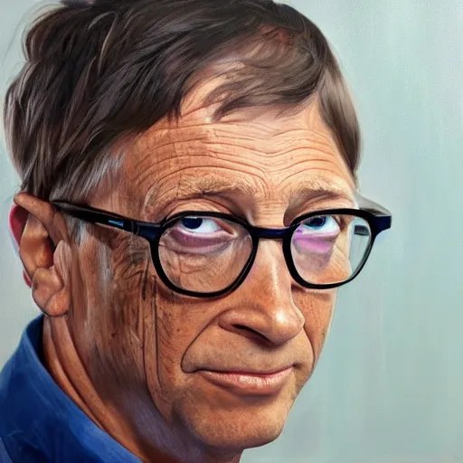 Prompt: an oilpainting of in the foreground a syringe in focus, in the background slightly out of focus a terrified Bill Gates, trending on artstation, hyper realistic