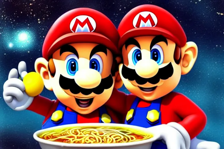 Image similar to mario in space eating ramen, digital art, game art, character design, trending on artstation, ultra realistic, ultra detailed, digital painting