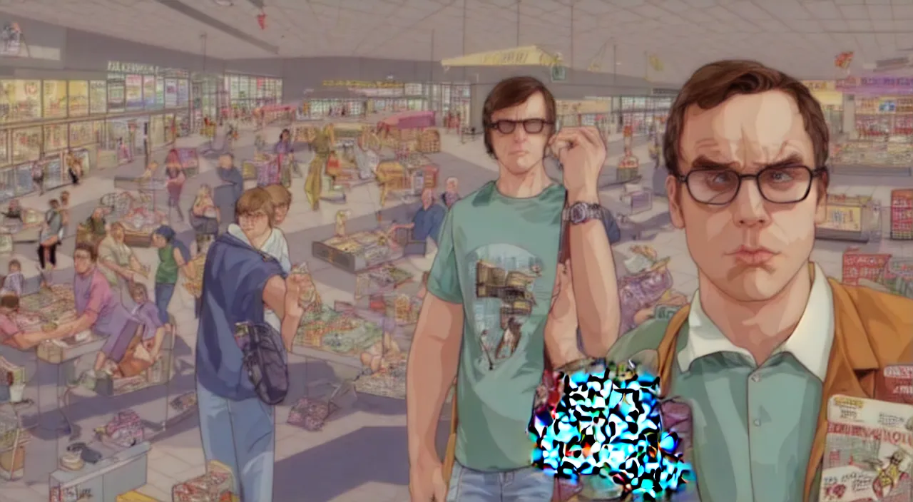 Image similar to GTA V illustration of 1980s nerdy white teenager on the cover of GTA V, in the food court of a 1980s shopping mall, wide angle lens, close up shot