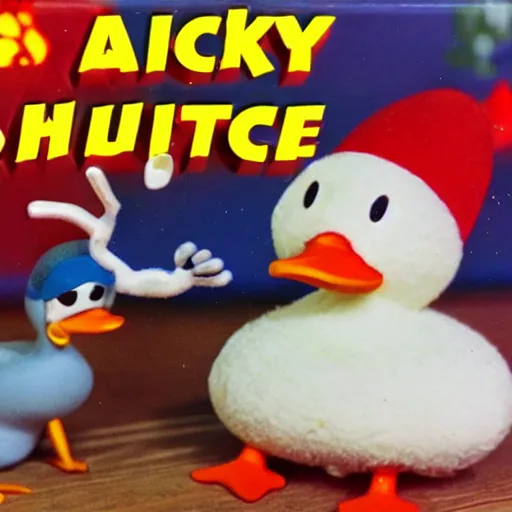 Image similar to duck creature, toy commercial from the 90s, vhs footage, haunted