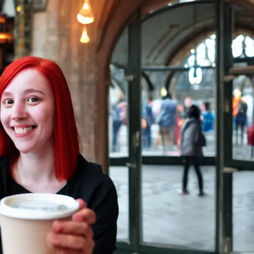 Prompt: a girl with red hair and brown eyes seating in starbucks and smiling, large glass window behind her where Blue Mosque and Bosphorus can be seen