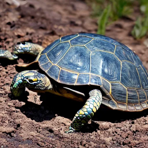 Image similar to turtle and viper hybrid, very long with multiple pairs of legs and segmented shell along length of its body