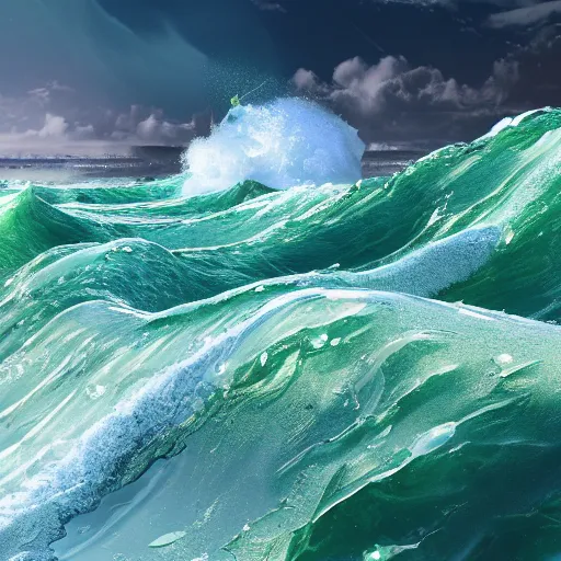 Image similar to A Huge Tidal Wave of clear green resin and foam, Kanagawa, photorealistic 8K HD octane render