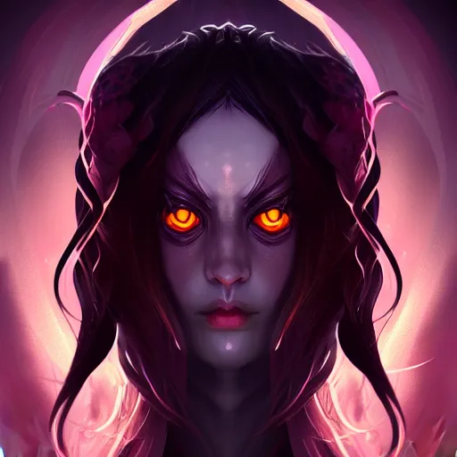 Prompt: dark sorceress full view, symmetrical face, highly detailed, wlop style, artstation, concept art, soft light, sharp focus, illustration, character design