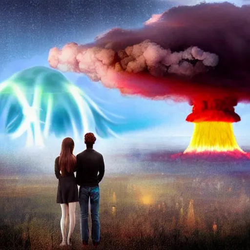 Image similar to a young couple watching a nuclear explosion, romantic, mushroom cloud, uplifting, happy, apocalytic detailed digital matte painting