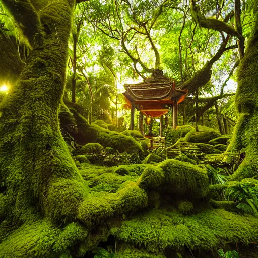 Image similar to a jungle temple surrounded by moss and tropical flowers, with a sunset, by alex horley, bokeh photography