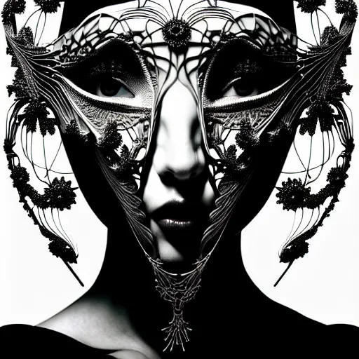 Image similar to portrait of a young beautiful woman with a mask. contemporary photograph and speed painting and fractal and mandelbulb and lines and scribble art. black and white. intricate, elegant, super highly detailed, professional digital painting, artstation, concept art, smooth, sharp focus, no blur, no dof, extreme illustration, Unreal Engine 5, Photorealism, HD quality, 8k resolution, cinema 4d, 3D, beautiful, cinematic