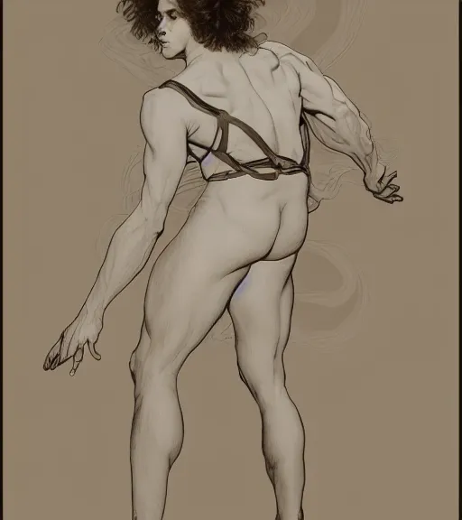 Image similar to lineart of a pale androgynous man with long fluffy curly blond hair in shorts with suspenders and white t-shirt drawn by anime, Alexandre Cabanel, norman rockwell, peter paul rubens, maler collier, frank frazetta, alphonse mucha, gustav klimt 4k, unreal 5, DAZ, french noveau, trending on artstation, octane render, hyperrealistic