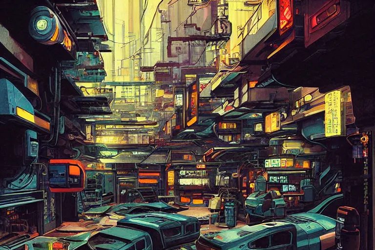 Prompt: auto repair shop in a neo - tokyo alleyway in cyberpunk style by vincent di fate