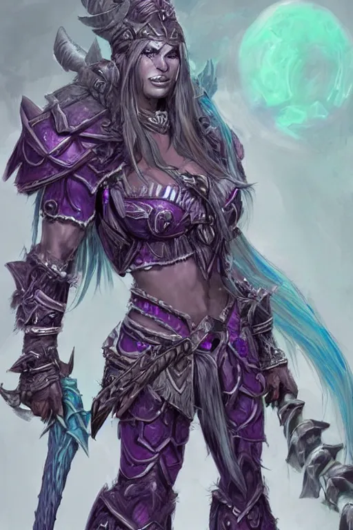 Prompt: world of warcraft concept art, barbarian warrior woman, long green hair, heavy silver armor with amethysts details