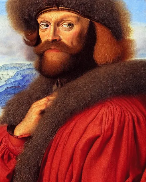 Prompt: a portrait of macho man randy savage painted by jan van eyck, oil painting, highly detailed