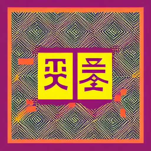 Image similar to square LP album cover design with bright and colourful vintage typographic Japanese kanji, layout design, illustrator vector graphics