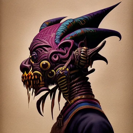 Prompt: side profile of barong family member, wiwek, mara demon, one single tribe member, jungle, one single mask, dark, voodoo, witch doctor, tribal, inner glow, paint by peter mohrbacher