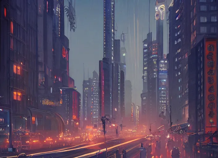 Prompt: Main street in an epic art deco city at night, anime, streamline moderne, dieselpunk, shiny brass, cinematic, skyscrapers in the distance, a sci-fi digital painting by Greg Rutkowski and James Gurney, trending on Artstation, highly detailed
