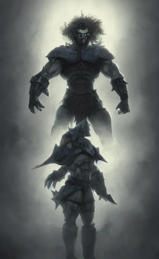 Image similar to Full body centered uncut character pose of mysterious-eerie-ominous He-Man, dark grey shadowy smokey background, atmospheric, cinematic, Epic, ultra-detailed, sharp focus, colored illustration, artwork by Jordan Grimmer