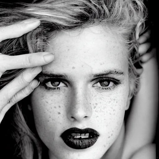 Image similar to a beautiful professional photograph by herb ritts and ellen von unwerth for vogue magazine of a beautiful lightly freckled and unusually attractive, cute and beautiful female fashion model looking at the camera in a flirtatious way, zeiss 5 0 mm f 1. 8 lens
