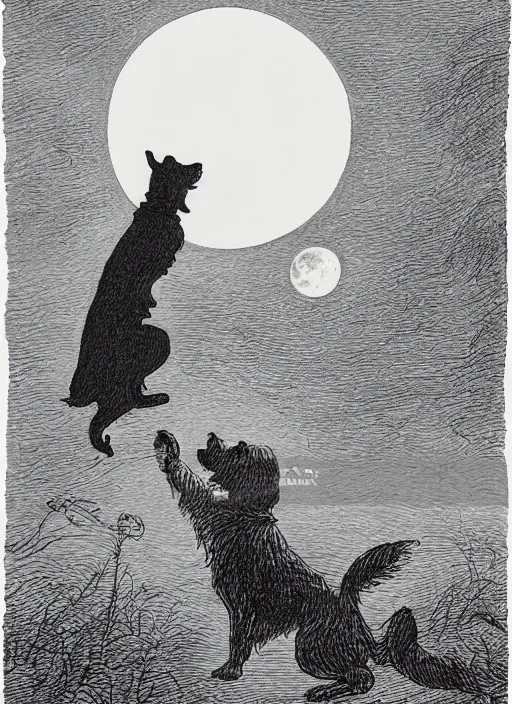 Image similar to jack russel dog silhouette howling at the moon, illustrated by peggy fortnum and beatrix potter and sir john tenniel