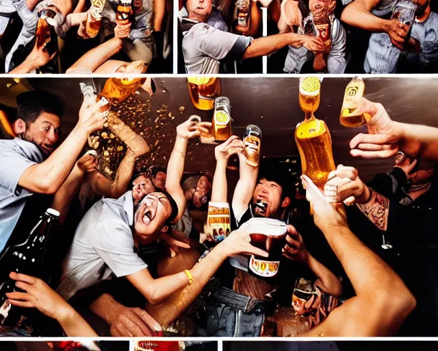 Prompt: silly and absurd surreal photoshoot advertisement photoshoot lookbook for beer, people enjoying beer in the style of john woo and by tony scott action movies, crowd pouring beer on top of each other, drinking and celebration of beer and alcohol, 8 k, photos by annie leibowitz