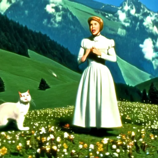 Prompt: julie andrews as a white cat, austria, film still, sound of music, 4 k, 8 k