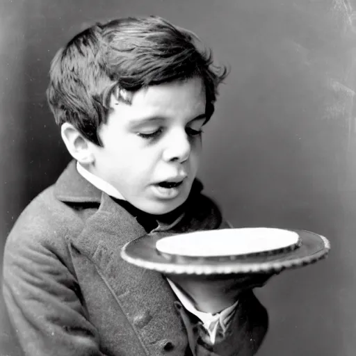 Image similar to a daguerrotype photo of a ugly boy man eating a cake, award winning photo