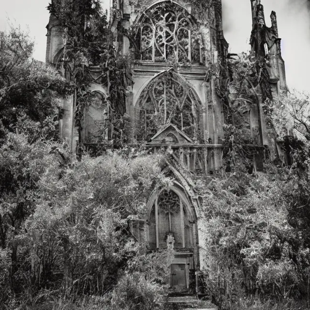 Image similar to exterior of an abandoned cathedral with overgrown vegetation, vintage infrared photograph