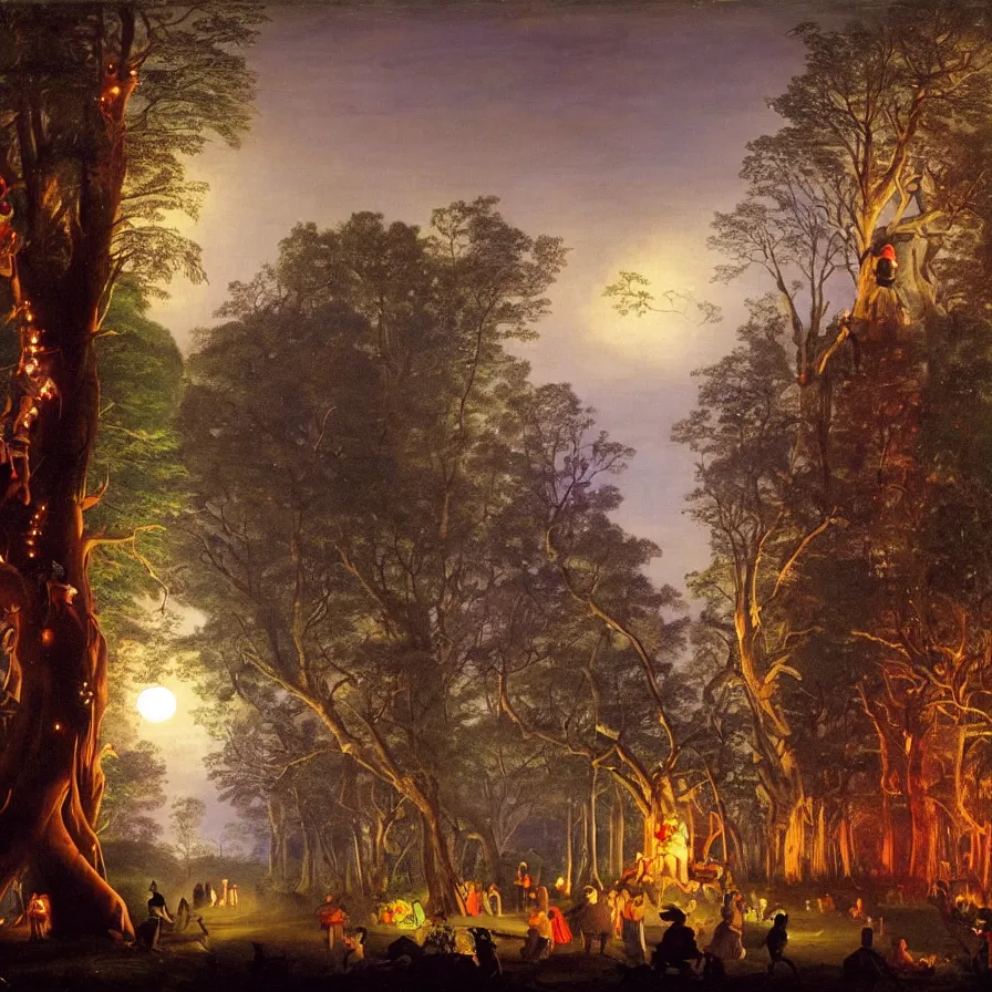 Image similar to a night carnival around a magical tree cavity, with a surreal orange moonlight and fireworks in the background, next to a lake with iridiscent water, christmas lights, folklore animals and people disguised as fantastic creatures in a magical forest by summer night, masterpiece painted by joseph wright, dark night environment