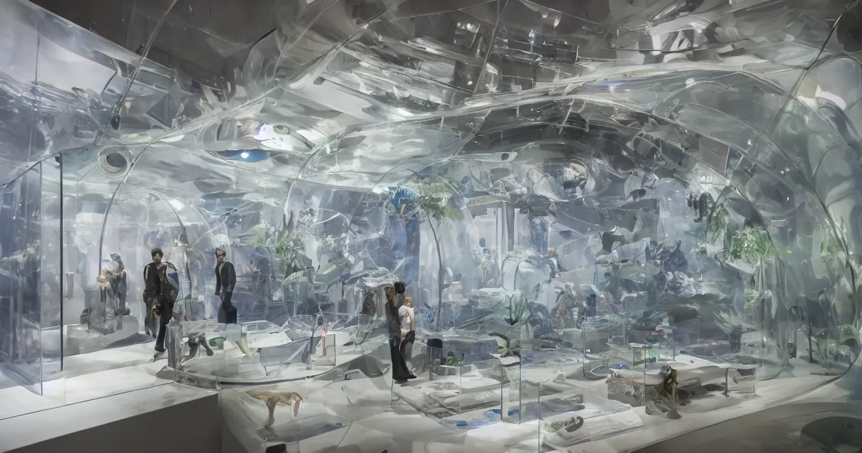 Prompt: futuristic exhibition full of in glass cases with mini diorama exhibits encased in epoxy, curious people observing the details, very high details, volumetric fog, raytracing, back light, raymarching, by ilm, by digital domain, by weta digital