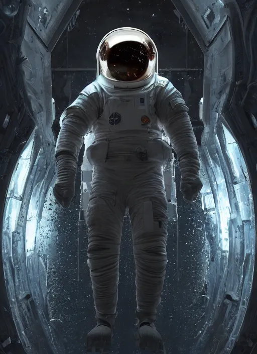 Image similar to concept art by craig mullins astronaut in futuristic dark and empty spaceship underwater. infrared glowing lights. complex and hyperdetailed technical suit. reflection and dispersion materials. rays and dispersion of light. volumetric light. 5 0 mm, f / 3 2. noise film photo. flash photography. unreal engine 4, octane render. interstellar movie art