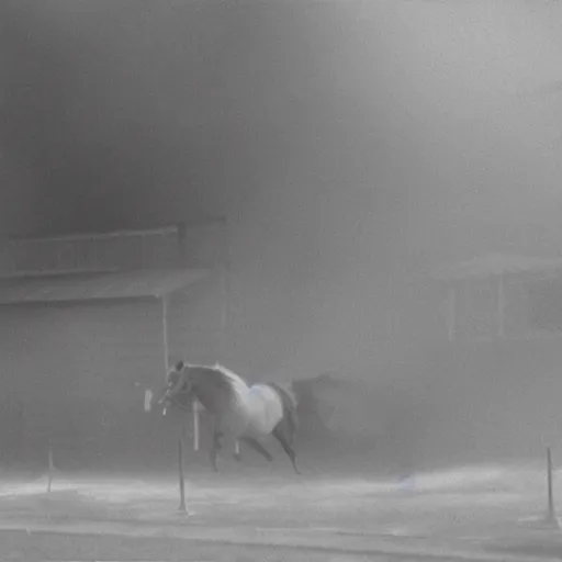 Image similar to misty volumetric muted-neon-color smoke wisps, waft on convection current of air through a low energy cluttered parlor and coalesce into the vague translucent outline of a horse crossing the finish line.