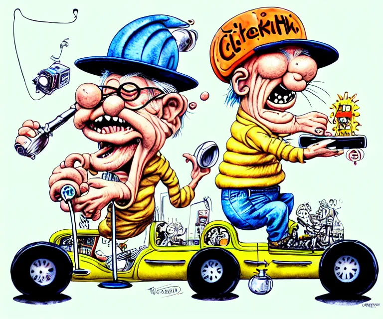 Prompt: cute and funny, crazy cooky old man with a funny hat, wearing a helmet, driving a hotrod, oversized enginee, ratfink style by ed roth, centered award winning watercolor pen illustration, isometric illustration by chihiro iwasaki, the artwork of r. crumb and his cheap suit, cult - classic - comic,