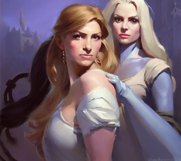 Image similar to greg manchess portrait painting of beautiful, princess d & d, fantasy, medium shot, asymmetrical, intricate, elegant, matte painting, illustration, hearthstone, by greg rutkowski, by greg tocchini, by james gilleard, by joe fenton, dynamic lighting, gradient light blue, brown, blonde cream and white color scheme, grunge aesthetic