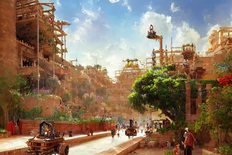 Image similar to ancient city of Babylon, hanging gardens of babylon. Robot mechas roaming the streers of ancient babylon. By Konstantin Razumov, highly detailed