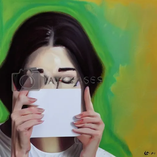 Image similar to portrait of a expressionless woman holding a note on her hand while tears flow, realistic painting