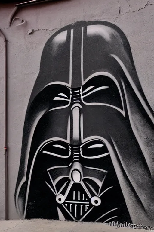 Prompt: darth vader graffiti art on the wall of a cantina on tatooine