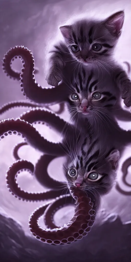 Image similar to an adorable kitten slowly transforming into a tentacle monster, matte oil painting, concept art, dnd, clear, crisp, sharp, fur, eldritch, award - winning, extremely detailed, 4 k, 8 k