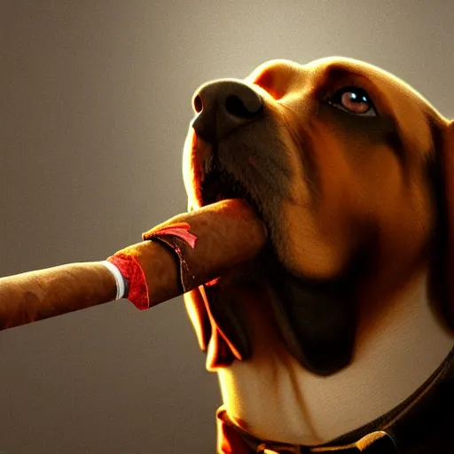 Prompt: a dog wearing smoking a cigar, dramatic lighting, cinematic, establishing shot, extremly high detail, photorealistic, cinematic lighting, concept art, artstation, style by greg rutkowsky