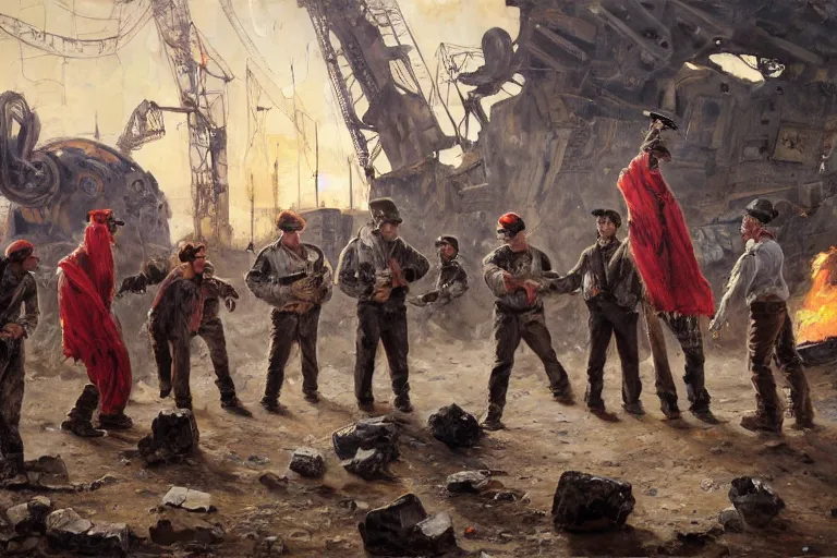 Image similar to oil painting of intense dramatic still of a ragtag group of miners and factory workers with improvised weapons and pistols and red scarves below their necks, on the surface of an asteroid, outside of a high tech scifi industrial building, medium shot, oil painting by charles frederic ulrich, pablo olivera, normal rockwell, greg rutkowski, trending on artstation, incredible detail