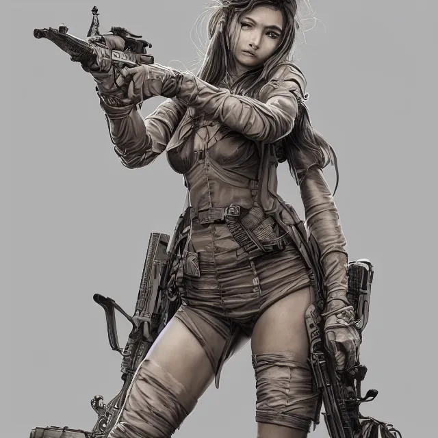 Prompt: the portrait of lawful neutral semi - colorful female infantry gunner as absurdly beautiful, gorgeous, elegant, young swimsuit model, an ultrafine hyperdetailed illustration by kim jung gi, irakli nadar, intricate linework, super detailed faces, super sharp focus, octopath traveler, unreal engine 5 highly rendered, global illumination, radiant light, detailed and intricate environment