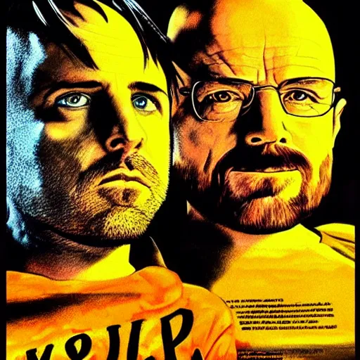 Image similar to jesse pinkman and walter white on a pulp fiction poster, cinimatic poster, high detail, saturated