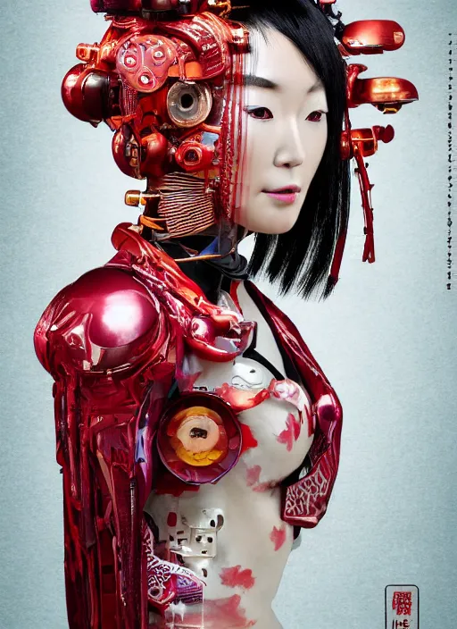 Image similar to portrait of a futuristic geisha cyborg, with a red kimono with japanese golden signs written on it, kintsugi, modern fine art, fractal, intricate, elegant, highly detailed, digital photography, parallax, subsurface scattering, in the style of ghost, by jheronimus bosch and yue minjun and greg rutkowski,