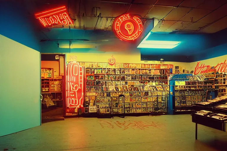 Image similar to Velociraptor shopping, inside of a 1970s music store store, neon lights, dirty, ektachrome photograph, volumetric lighting, f8 aperture, cinematic Eastman 5384 film