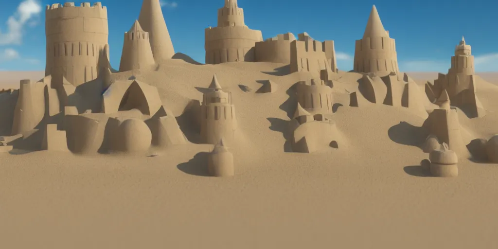 Prompt: Sand castle, octane render, unreal engine 5, extreme quality, extremely detailed sand, realistic, realistic lighting, realistic shadows, 8k