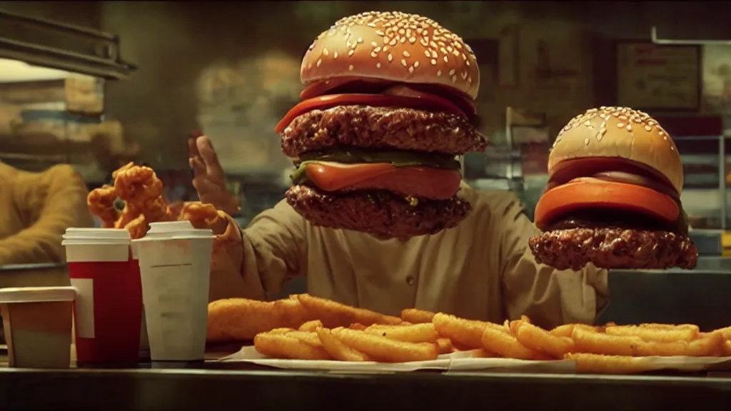 Image similar to the strange burger creature at the fast food place, film still from the movie directed by denis villeneuve and david cronenberg with art direction by salvador dali and zdzisław beksinski, wide lens